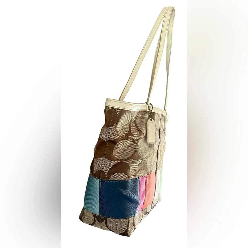 Vintage Coach Brown Signature Canvas Tote with Multicolor Accent Panels